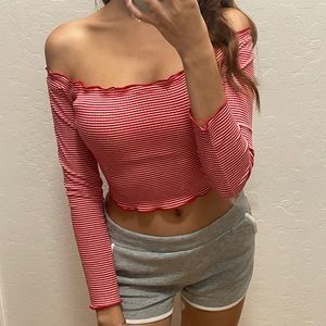 Tiger mist off shoulder striped crop top